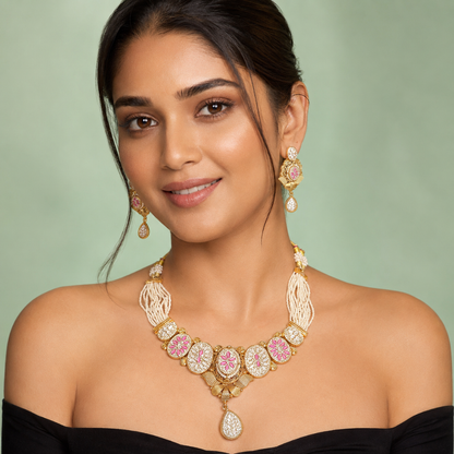 Temple Style Pearl Beaded Necklace Set with Pink Stone Floral Design SET1007