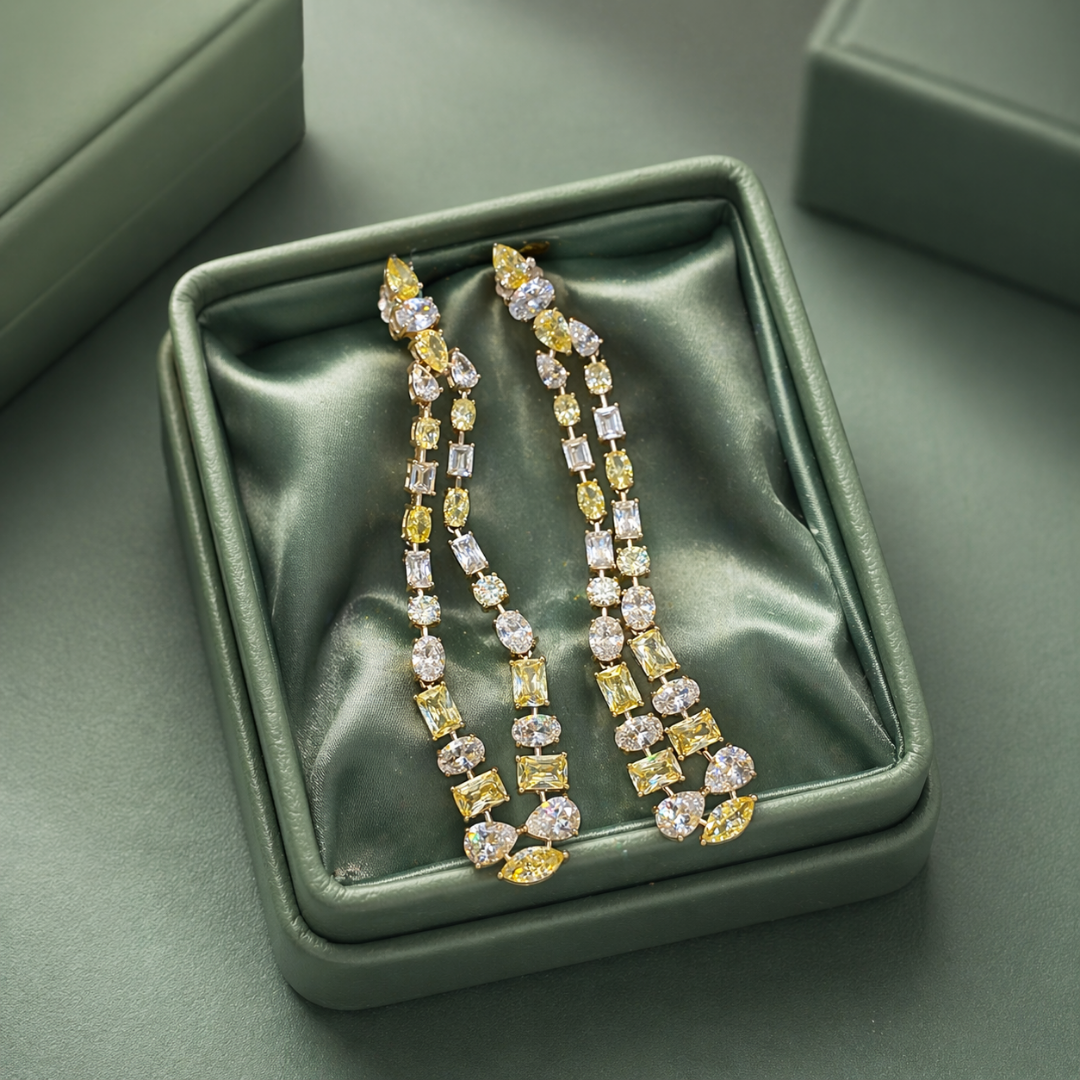 Yellow & White Crystal Long Drop Earrings in 925 Sterling Silver STB - 1470