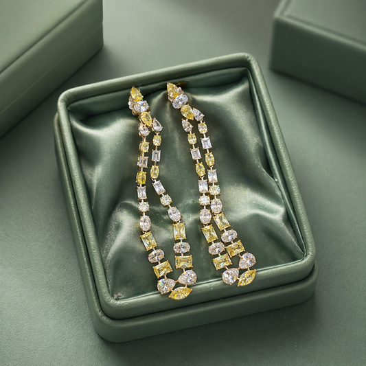 Yellow & White Crystal Long Drop Earrings in 925 Sterling Silver STB - 1470
