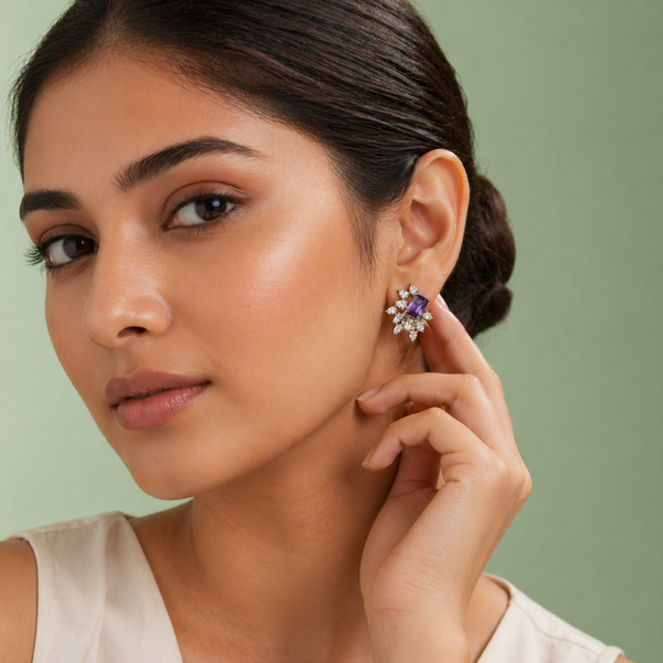 Amethyst Radiance Stud Earrings with Crystal Cluster in 925 Sterling Silver