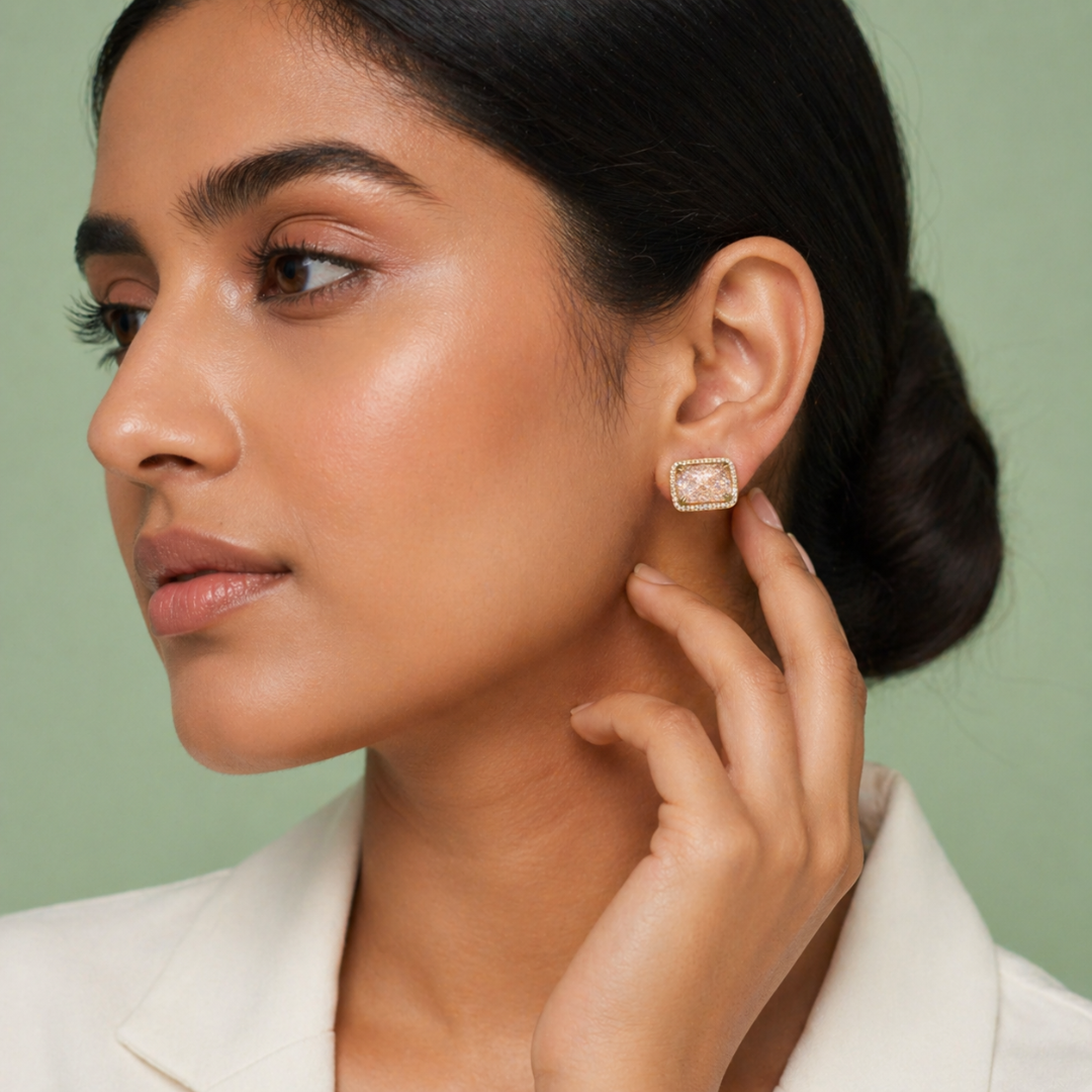 Gold Pave Rectangle Stud Earrings with Micro Zircon in 925 Sterling Silver STB - 1370