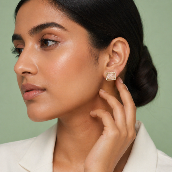Gold Pave Rectangle Stud Earrings with Micro Zircon in 925 Sterling Silver STB - 1370