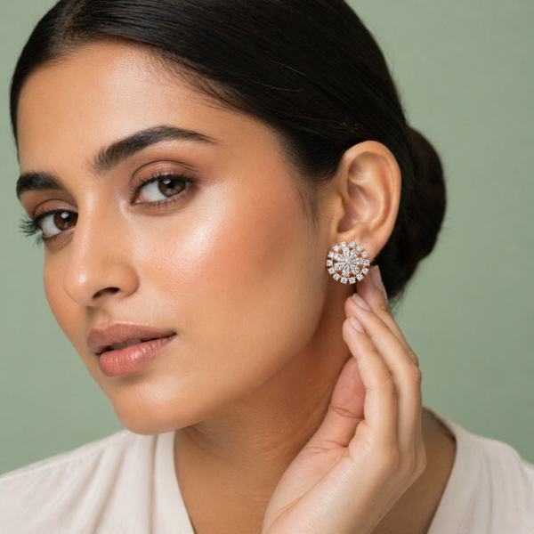 Round Floral Diamond-Style Stud Earrings with Zircon Cluster in 925 Sterling Silver STB - 1459