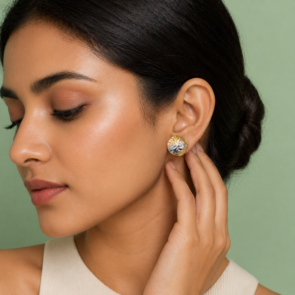 Abstract Textured Dual-Tone Stud Earrings in Gold & Silver Finish STB - 1321