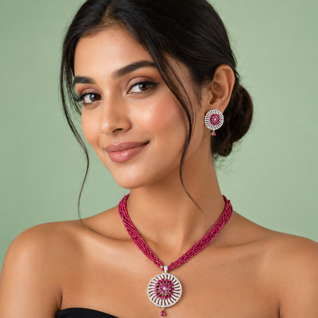 925 Silver Pink Beaded Necklace Set with Floral Statement Pendant SET796
