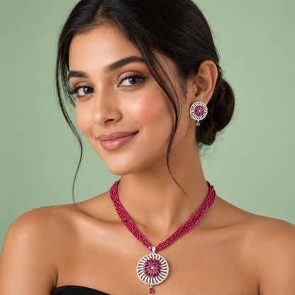 925 Silver Pink Beaded Necklace Set with Floral Statement Pendant SET796