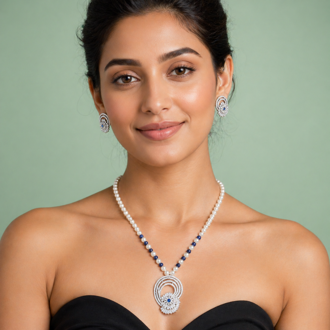 925 Silver Pearl & Blue Stone Pendant Necklace Set
