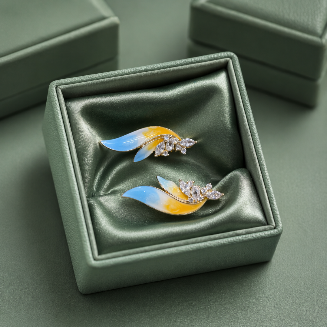 Blue & Yellow Enamel Leaf Crystal Earrings in 925 Sterling Silver STB - 1700