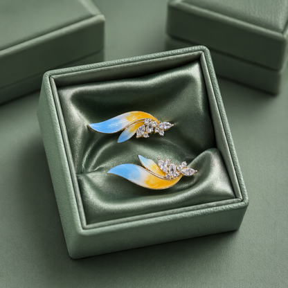 Blue & Yellow Enamel Leaf Crystal Earrings in 925 Sterling Silver STB - 1700