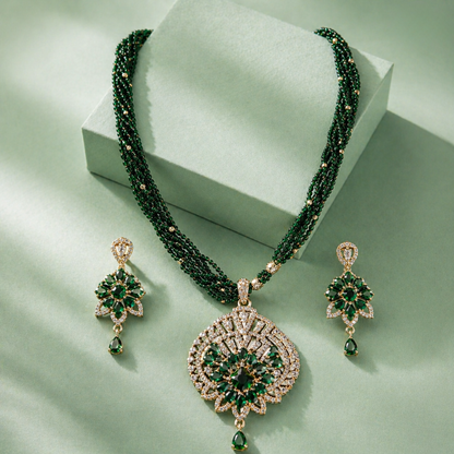 925 Silver Emerald Green Beaded Necklace Set with Statement Pendant SET792