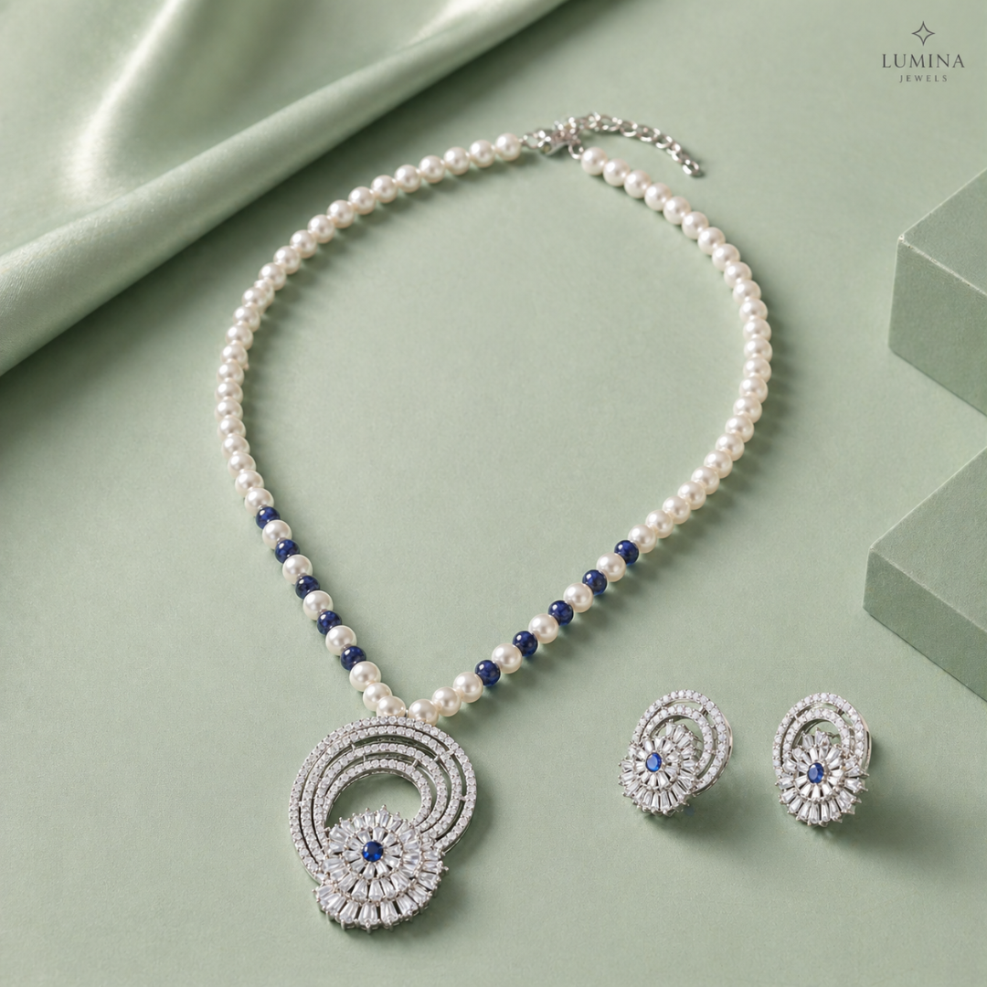925 Silver Pearl & Blue Stone Pendant Necklace Set