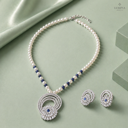 925 Silver Pearl & Blue Stone Pendant Necklace Set