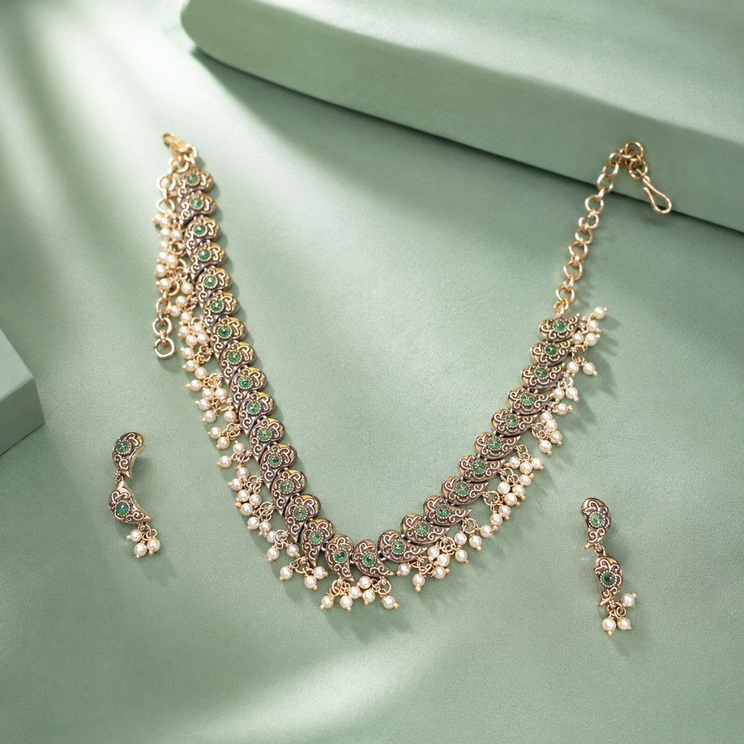 Antique Peacock Design Necklace Set with Green Stones & Pearl Drops SET705