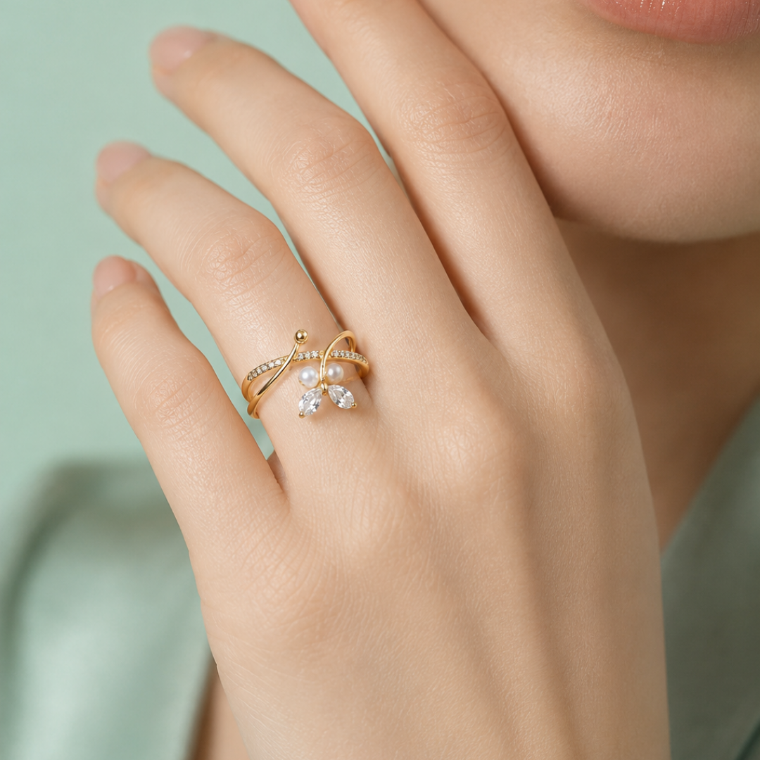 925 Silver Pearl Butterfly Open Ring (Gold Finish) IRM4037