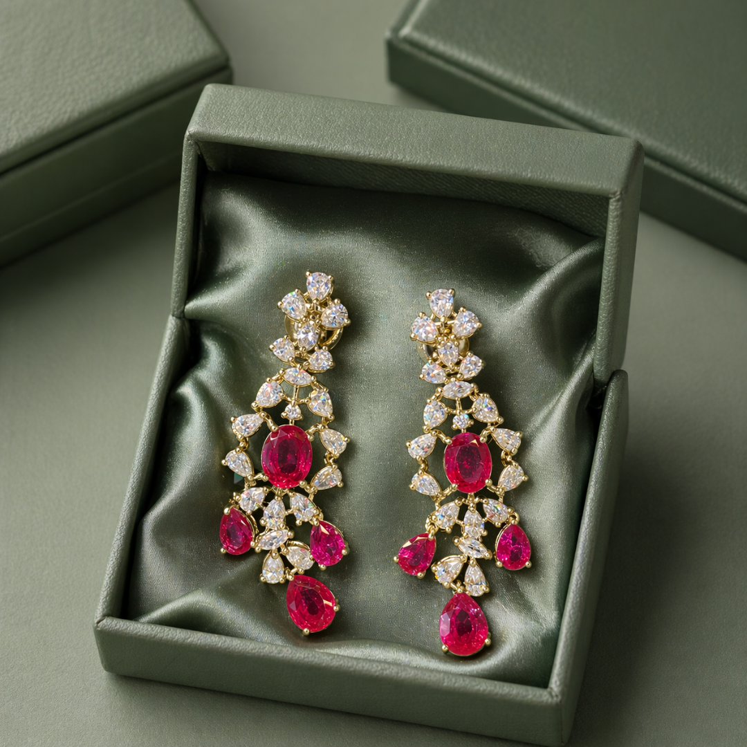 Ruby Red Stone Statement Chandelier Earrings in 925 Sterling Silver STB - 1422