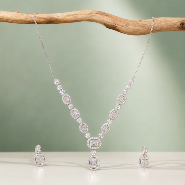 925 Silver Geometric Diamond-Look Necklace Set with Drop Pendant SET988