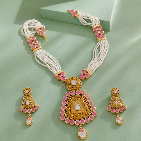 Traditional Pearl & Pink Stone Bridal Necklace Set with Temple Pendant SET1004