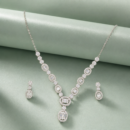 925 Silver Geometric Diamond-Look Necklace Set with Drop Pendant SET988