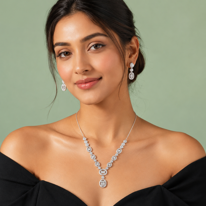 925 Silver Geometric Diamond-Look Necklace Set with Drop Pendant SET988