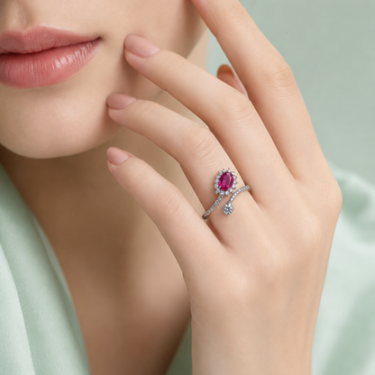 925 Silver Pink Oval Halo Adjustable Ring