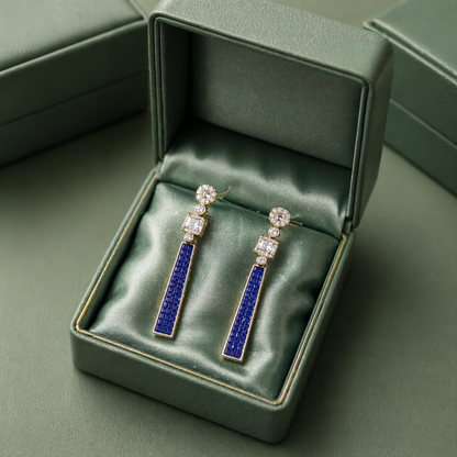 Blue Stone Bar Drop Earrings with Crystal Accents in 925 Sterling Silver STB - 1355