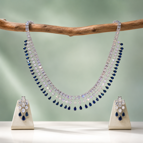 925 Silver Sapphire Drop Statement Necklace Set with Diamond Finish SET781