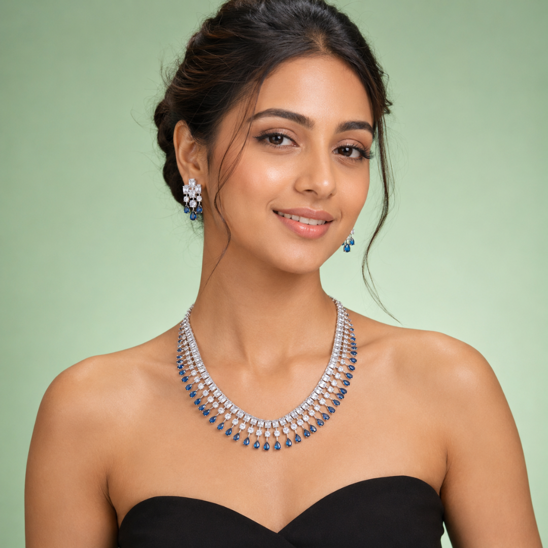 925 Silver Sapphire Drop Statement Necklace Set with Diamond Finish SET781