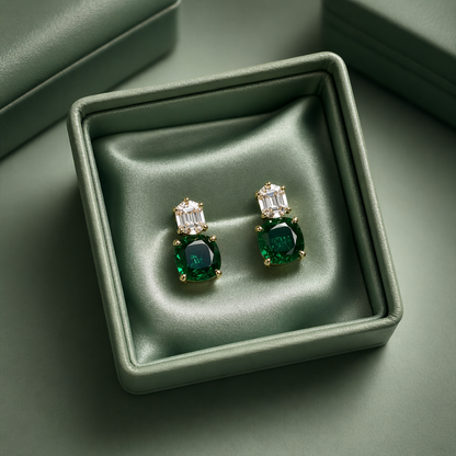 Emerald Green Cushion Cut Stud Earrings with Emerald-Cut Top in 925 Sterling Silver STB - 1501