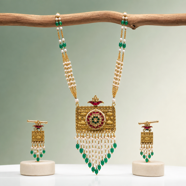 Traditional Kundan Pearl Long Necklace Set with Emerald Drops SET898