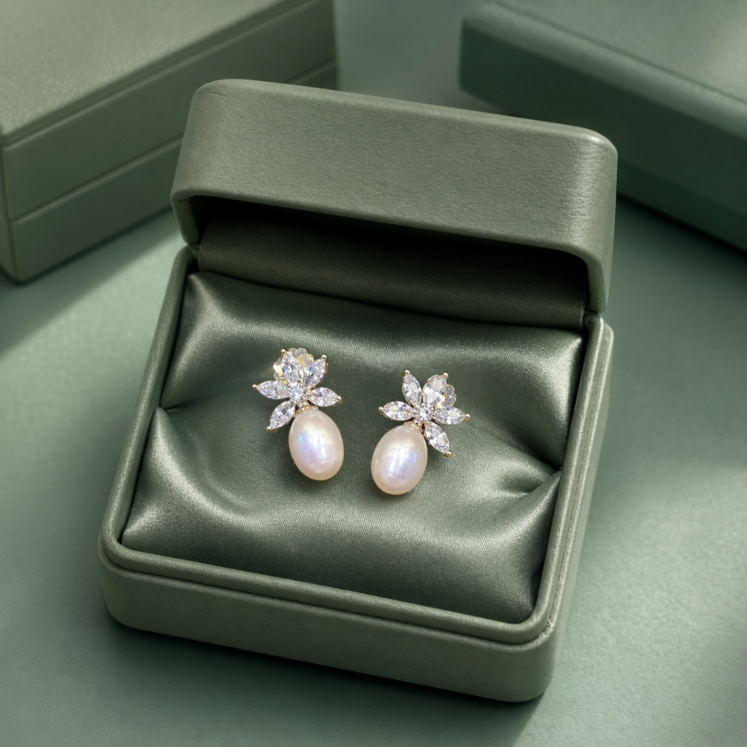 Floral Pearl Drop Earrings with CZ Stones in 925 Sterling Silver STB - 1779