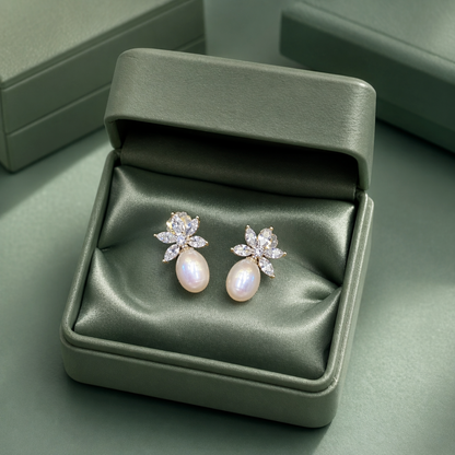 Floral Pearl Drop Earrings with CZ Stones in 925 Sterling Silver STB - 1779