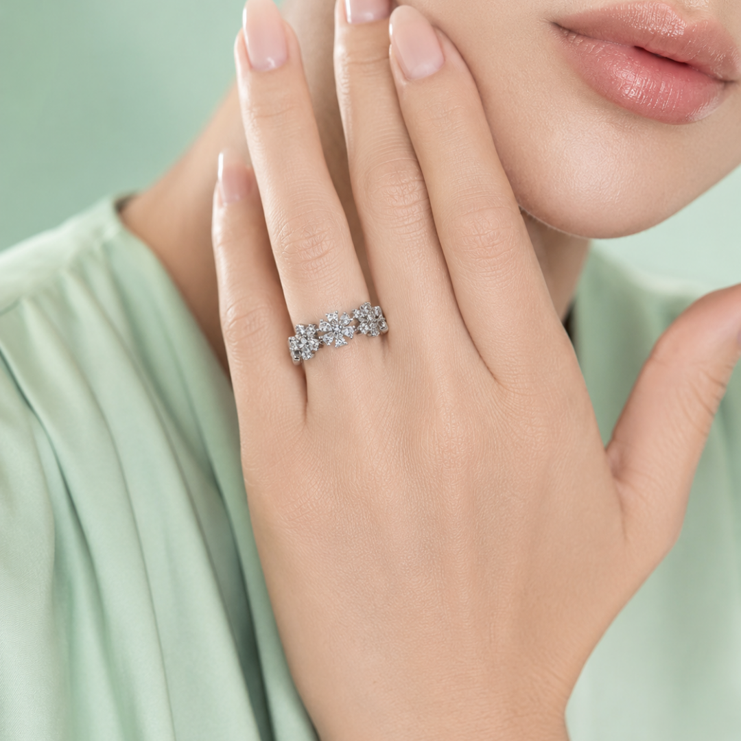 925 Silver Floral Cluster Diamond Adjustable Ring IRM4062