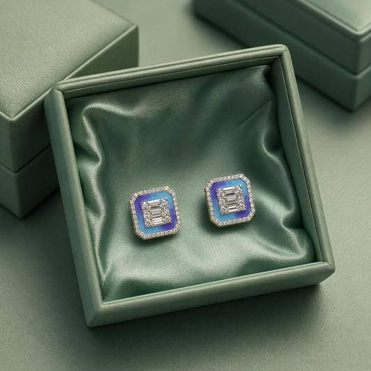 Blue Enamel Square Stud Earrings with Baguette Diamond Center in 925 Sterling Silver -