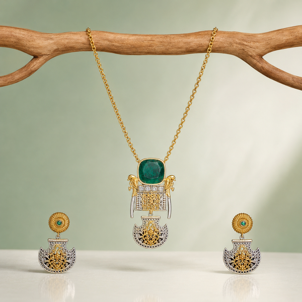 Antique Green Stone Statement Necklace Set with Filigree Design SET723