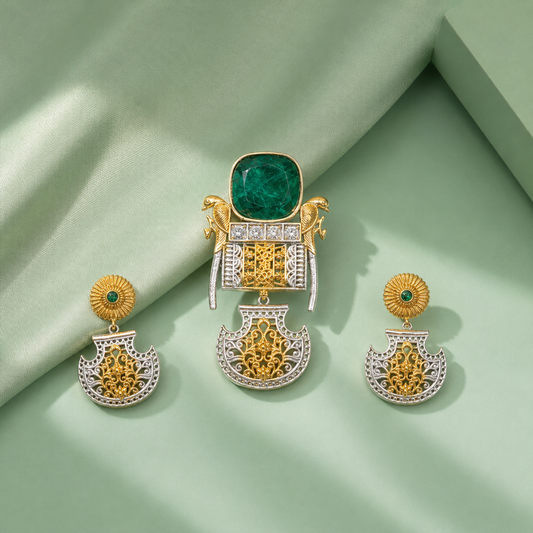 Antique Green Stone Statement Necklace Set with Filigree Design SET723