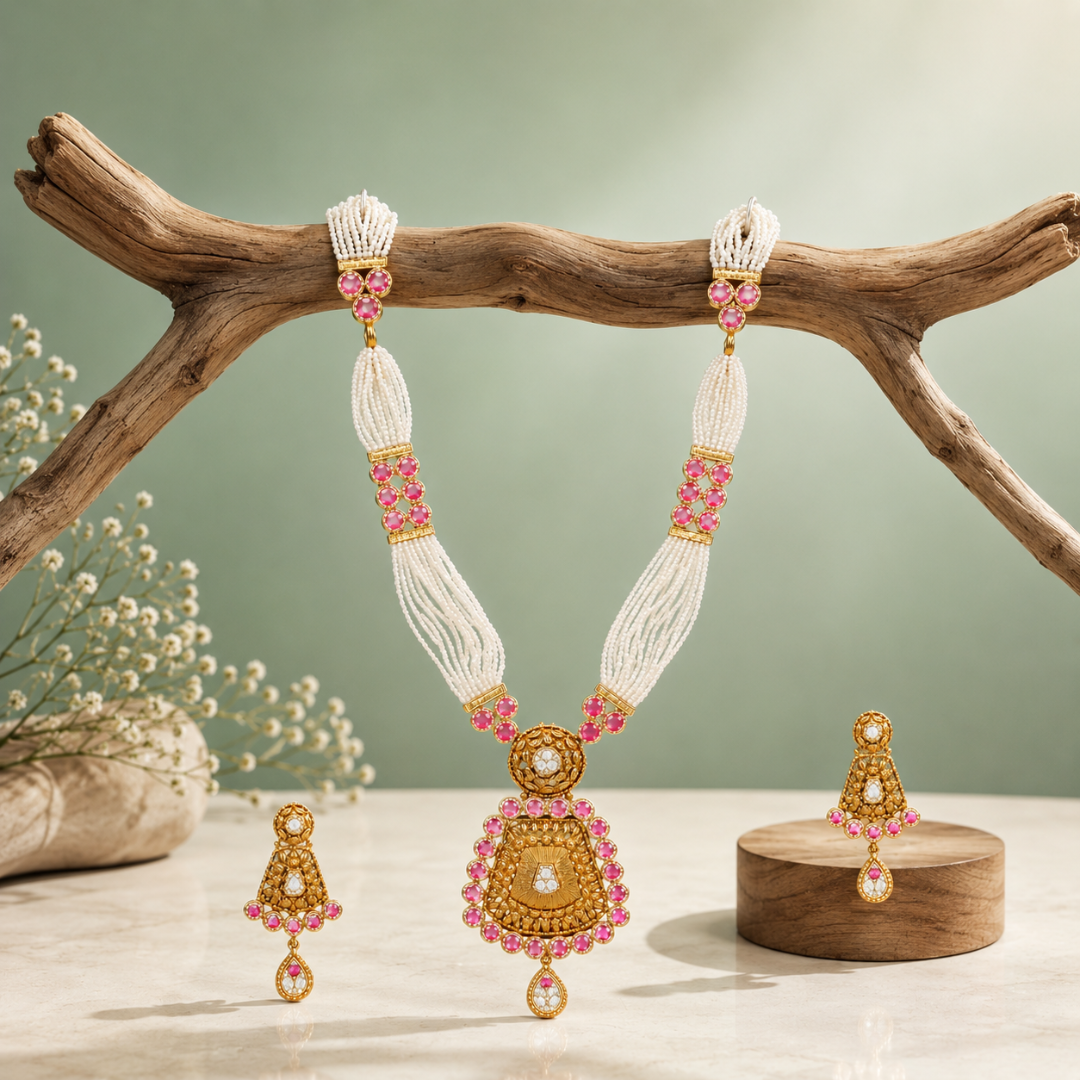 Traditional Pearl & Pink Stone Bridal Necklace Set with Temple Pendant SET1004