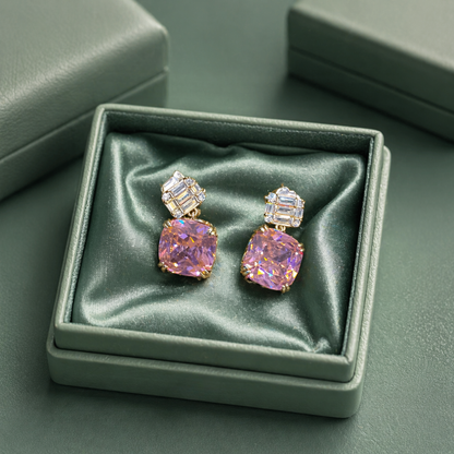 Cushion Cut Pink Crystal Drop Earrings in 925 Sterling Silver STB1514