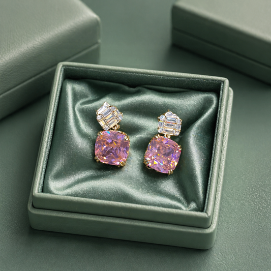 Cushion Cut Pink Crystal Drop Earrings in 925 Sterling Silver STB1514