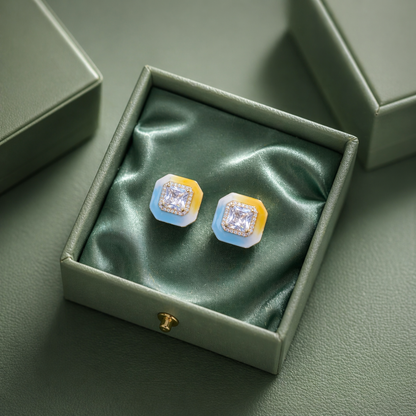 Octagon Halo Crystal Stud Earrings with Dual Tone Finish in 925 Sterling Silver STB - 1711