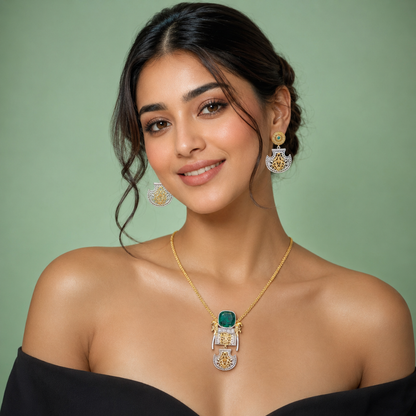 Antique Green Stone Statement Necklace Set with Filigree Design SET723