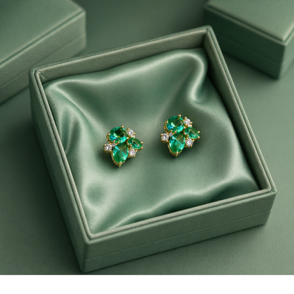 Emerald Cluster Stud Earrings with Zircon Accents in 925 Sterling Silver STB - 1476
