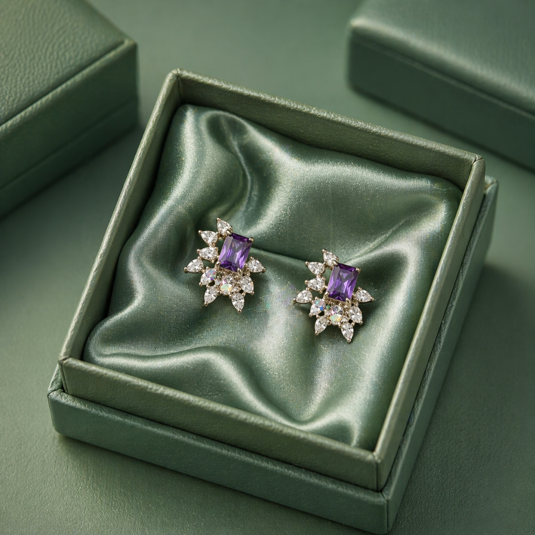 Amethyst Radiance Stud Earrings with Crystal Cluster in 925 Sterling Silver