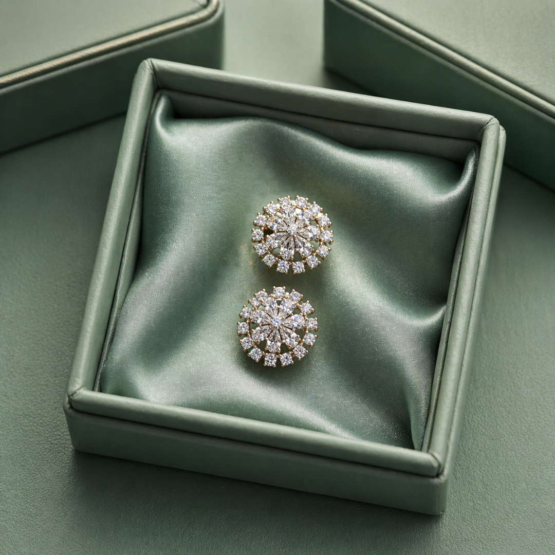 Round Floral Diamond-Style Stud Earrings with Zircon Cluster in 925 Sterling Silver STB - 1459