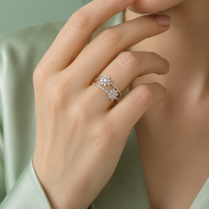 925 Silver Double Flower Adjustable Ring (Gold Finish) IRM4005