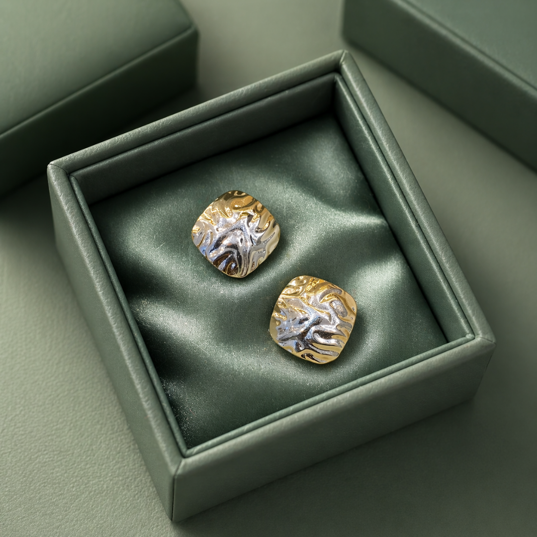 Abstract Textured Dual-Tone Stud Earrings in Gold & Silver Finish STB - 1321