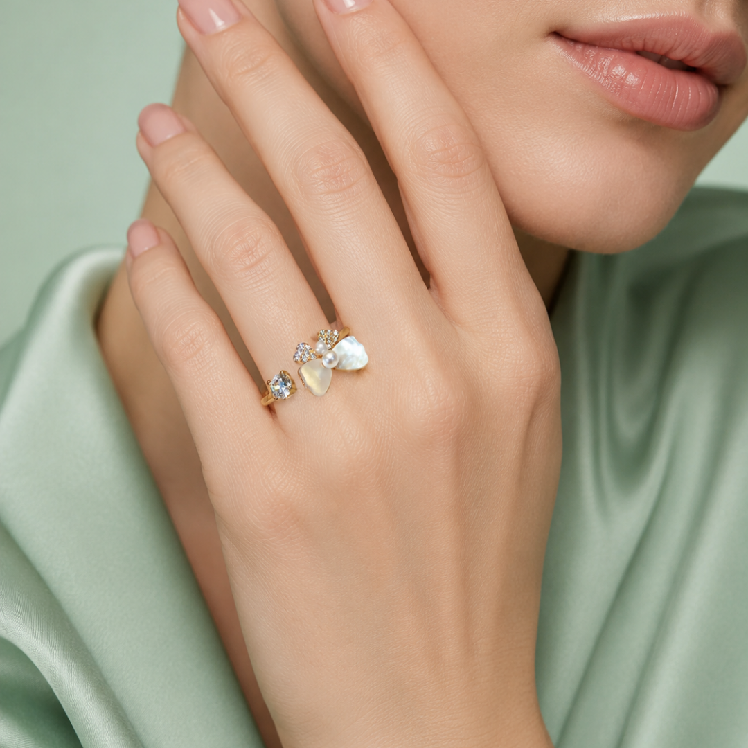 925 Silver Pearl Blossom Adjustable Ring (Gold Finish) IRM4022