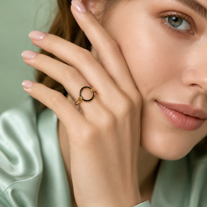 925 Silver Minimal Circle Adjustable Ring (Gold & Black Enamel) IRM4039
