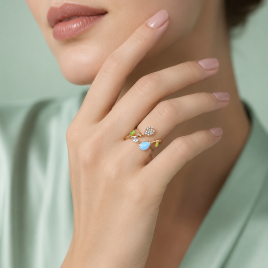 925 Silver Pastel Leaf Adjustable Ring (Gold Finish) IRM4035