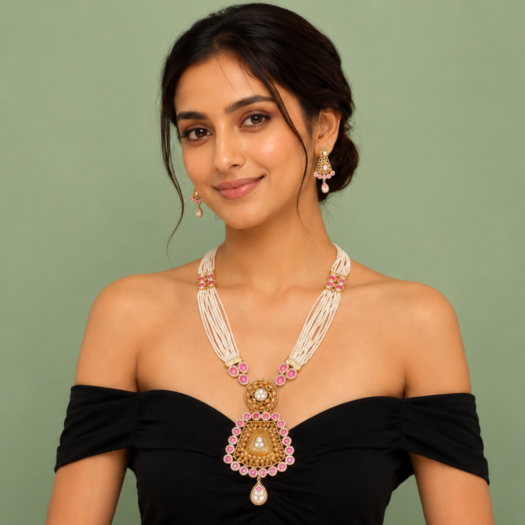 Traditional Pearl & Pink Stone Bridal Necklace Set with Temple Pendant SET1004