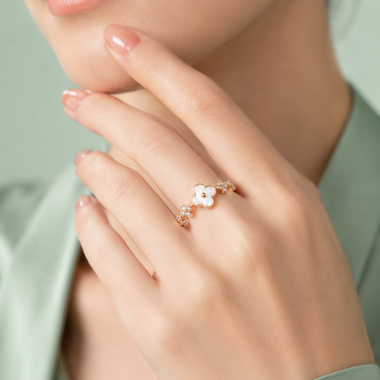 925 Silver Clover Mother of Pearl Adjustable Ring (Gold Finish) IRM4044